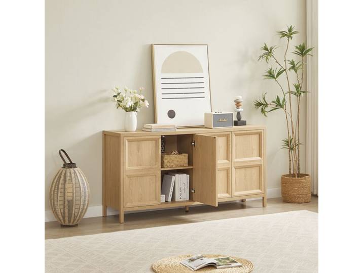 Buffet Bas Moderne - 160x40x80cm - Portes Push-to-Open & Charnières Soft-Close - Grand Meuble de Rangement Chêne Clair