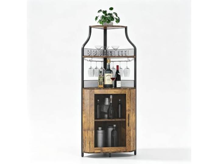 Koioplie Eck-Barschrank Metall Weinregal Gläserhalter Mesh-Tür Braun Gläserhalter, Mesh-Tür, Verstellbare Ablagen, Ecklösung, Getränkefach