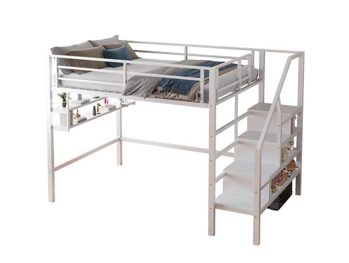 Redom Hochbett 140/200 cm aus Metall mit Stauraumleiter, Regalfächern und Freiraum unter dem Bett, Weiß, 140x200 cm, Babymöbel & Kindermöbel, Kinderzimmer & Jugendzimmer, Kinderbetten, Hochbetten