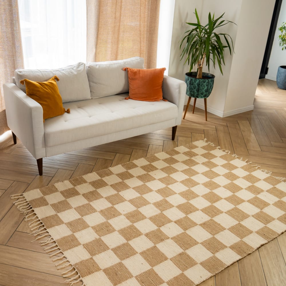 Future Home Alfombra decorativa a cuadros con flecos de algodón y yute
