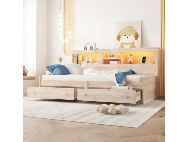 Merax Schlafsofa Tagesbett 90x200 mit Stauraum, Funktionsbett mit 2 Schubladen, USB-Ladebuchsen, Holzbett Bettrahmen mit Lattenrost (ohne Matratze), für Wohnzimmer/Schlafzimmer/Gästezimmer, Natur