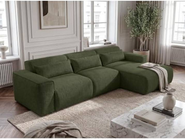 AX Living Wohnlandschaft mit Schlaffunktion Ruyam Eckcouch Grün R Wellenfedern. Abnehmbare Kissen mit Reißverschluss. Kiefernholz und Möbelplatte. Liegefläche von 250 × 130 cm.