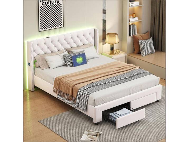 Lit 160 x 200 avec rangement lit adulte 160 x 200 cm lit double avec LED USB deux tiroirs décoration de rivets Velours beige