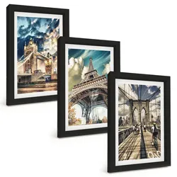 BILDER SET 3er Set - 20x30 cm Schwarzer Rahmen - Brücken, Türme, europäische Städte