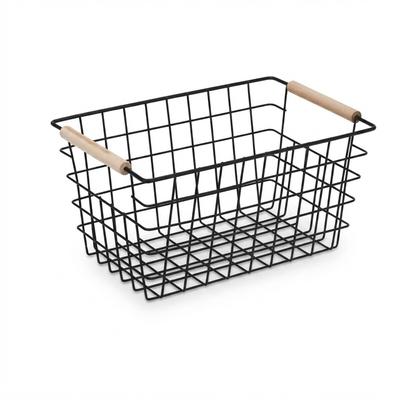 Relaxdays Drahtkorb, 2er Set, Metall, Holzgriffe, HxBxT 16 x 31 x 21 cm, eckiger Aufbewahrungskorb, Bad & Küche, schwarz