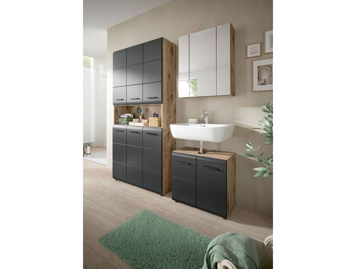 Hochschrank Amethian 90cm Schwarz/Holz/Matt Schwarz