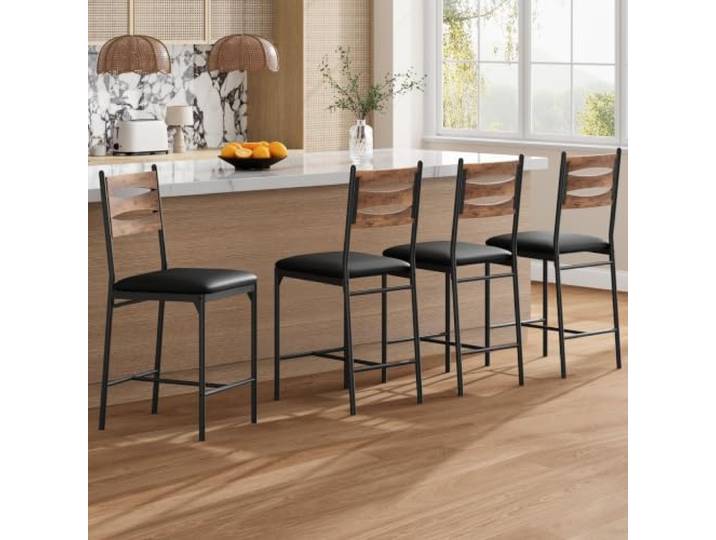 IDEALHOUSE Barhocker Set mit Rückenlehne & Fußstütze – klassisch Thekenhocker aus PU-Kunstleder mit Metall- & Holzgestell, gepolstert, für Kücheninsel/Essbereich, klassisch Color, 4-Pack