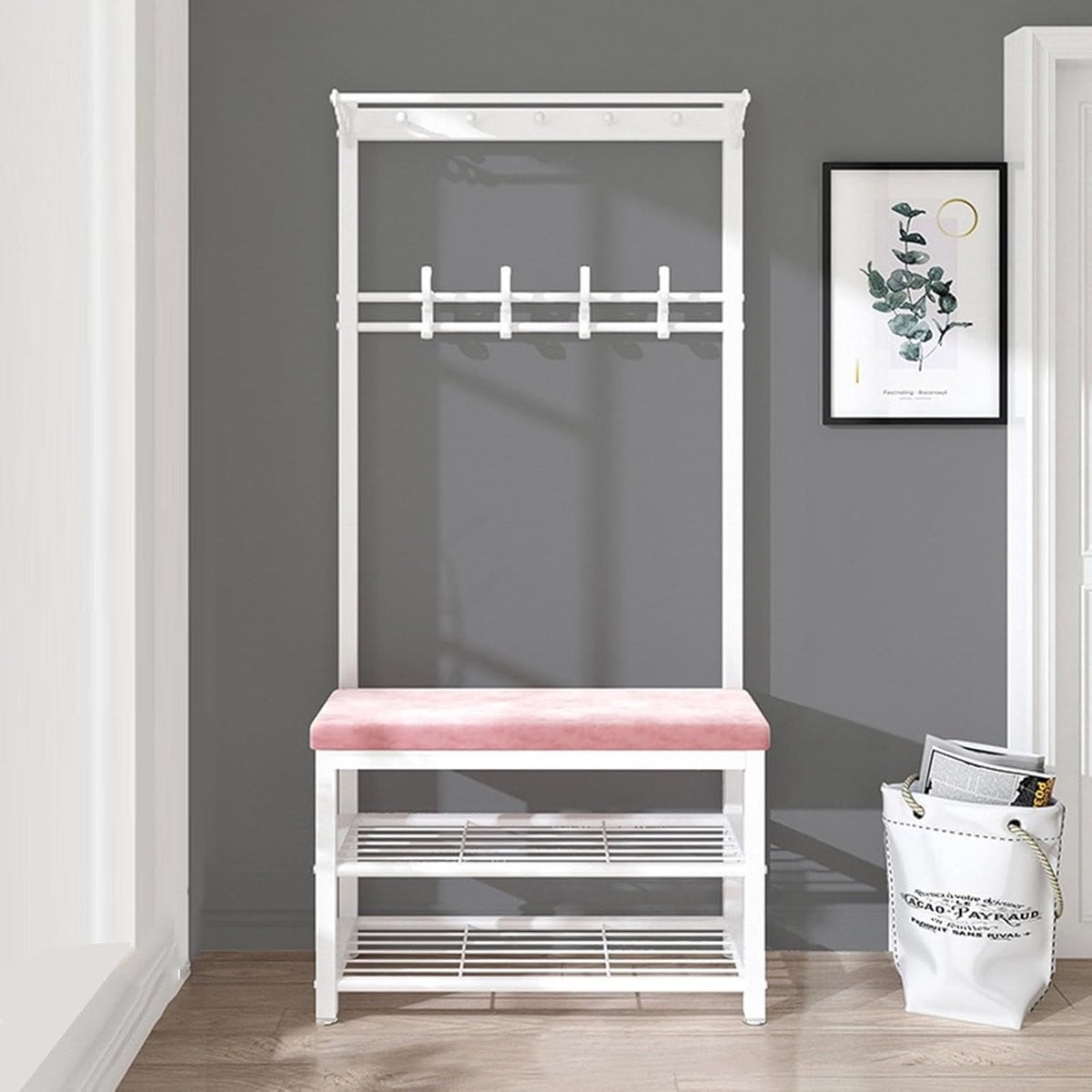 Halmeubel met bankje en kapstok voor je entree en slaapkamer, Roze