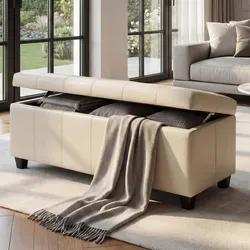Aufbewahrungs-Truhe Sitzbank Arezzo, Leder + Kunstleder, 112x45x45cm MVG-zertifiziert ~ creme