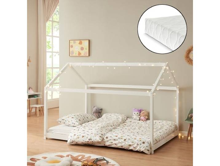 [en.casa] Kinderbett Cerro mit Matratze 120x200cm Hausbett mit Kaltschaum-Matratze ÖKO-Tex Standard 100 Bettenhaus Spielbett Kiefernholz Weiß