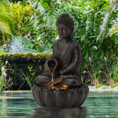 Glitzhome Polyresin Meditating Buddha Frog Statue Outdoor Water Fountain with LED Lights