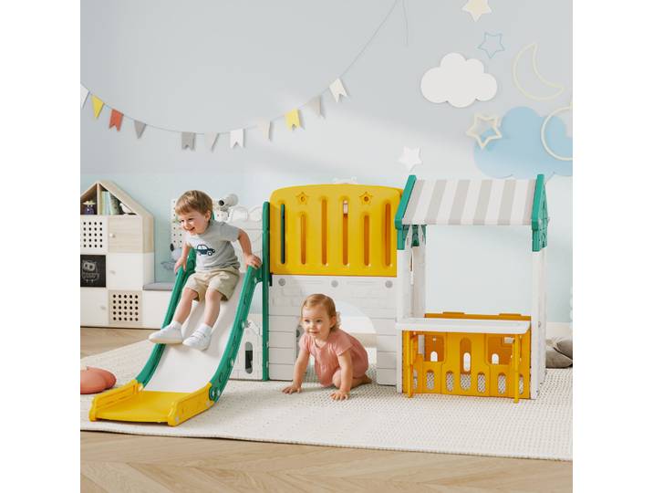 AIYAPLAY Toboggan 7-en-1 Aire de Jeu Intérieure Jaune+Vert