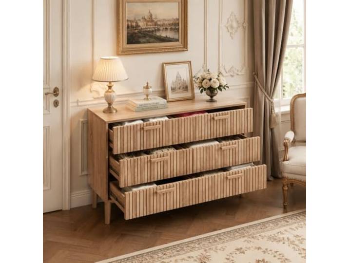 LieABak Kommode mit 6 Schubladen, Schubladenschrank mit Stauraum, Schlafzimmerkommode Sideboard Schlafzimmer, Aufbewahrungsschrank für Schlafzimmer, Wohnzimmer, Flur (Naturholzfarbe + 6 Schubladen)