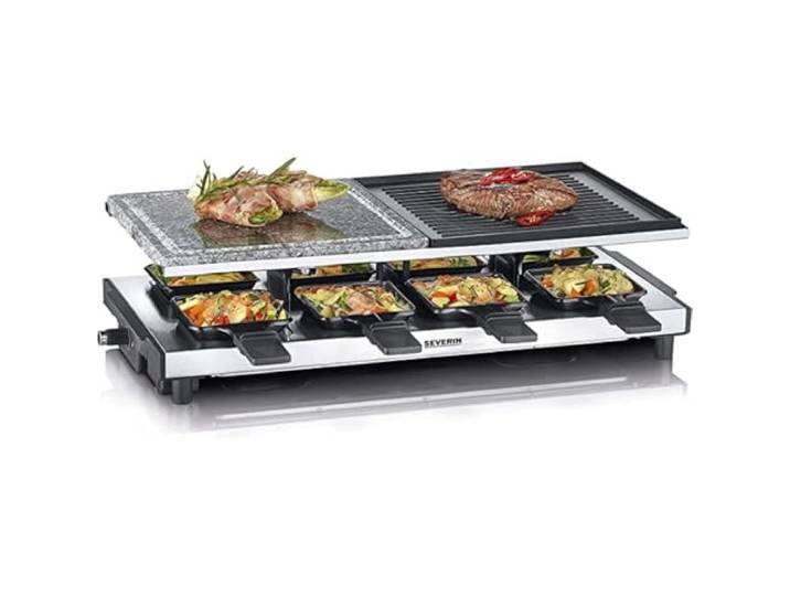 SEVERIN Raclette-Grill mit Naturgrillstein und Grillplatte, Raclette mit antihaftbeschichteter Grillplatte, Tischgrill für 8 Personen, max. 1.700 W, Edelstahl / schwarz, RG 2373