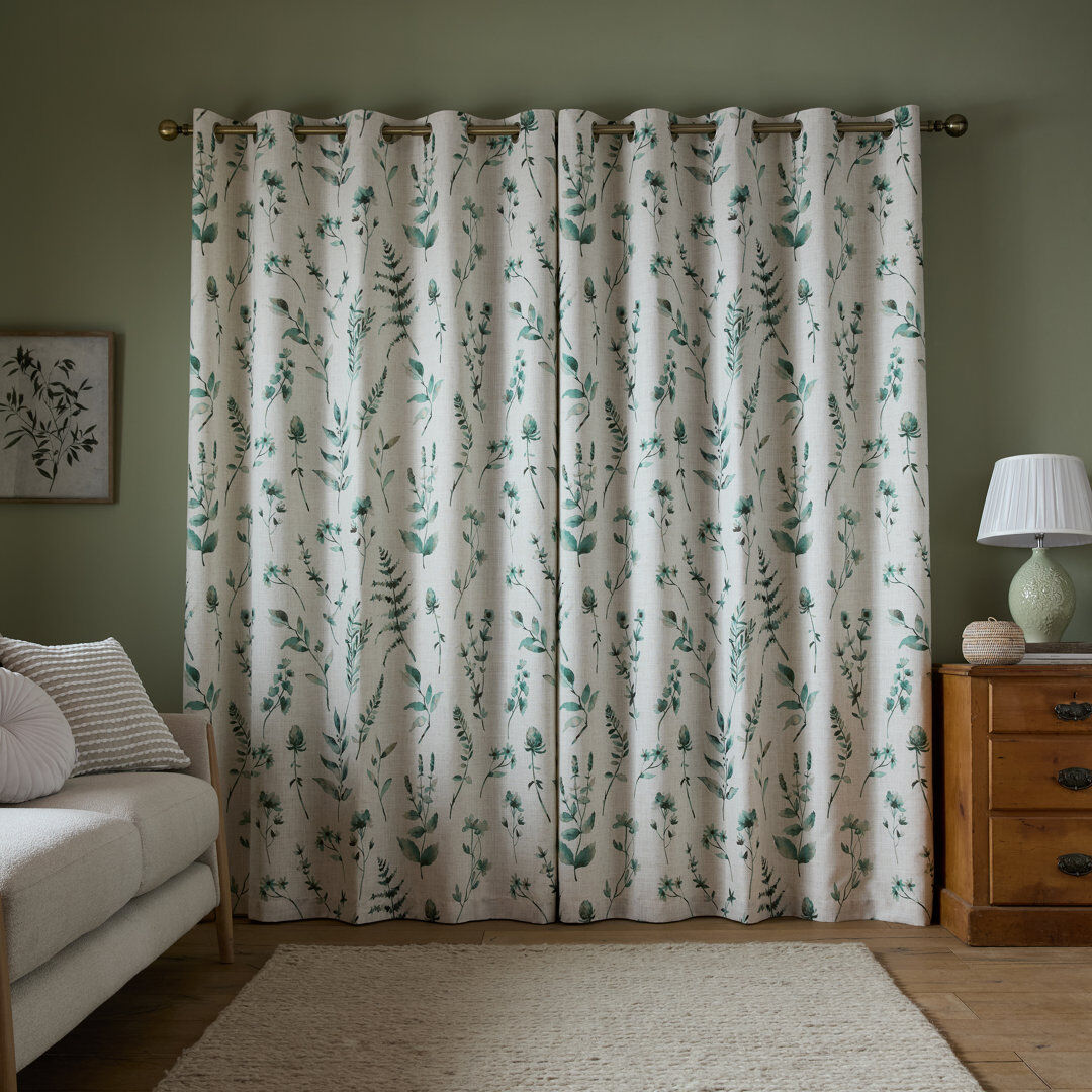 Catherine Lansfield Watercolour Leaves Lined Eyelet Curtains Natural / Green 90x90 Inch