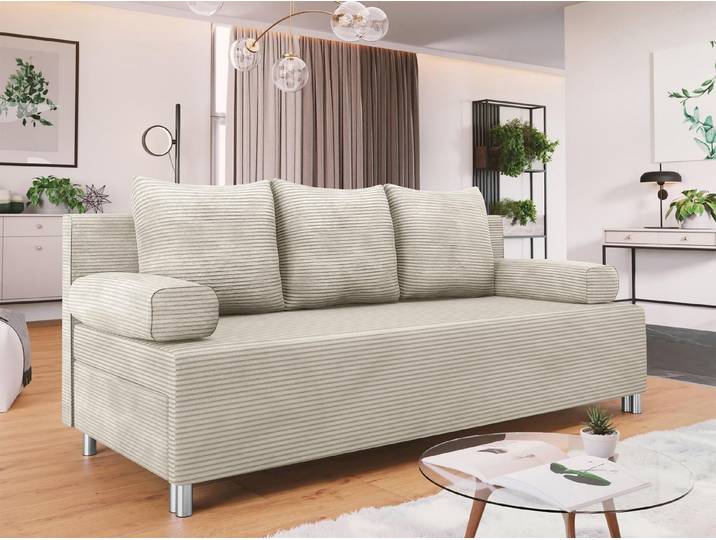 Schlafsofa Dover Cord, mit Schlaffunktion und Bettkasten, Schlafcouch mit Chromfüße, beige