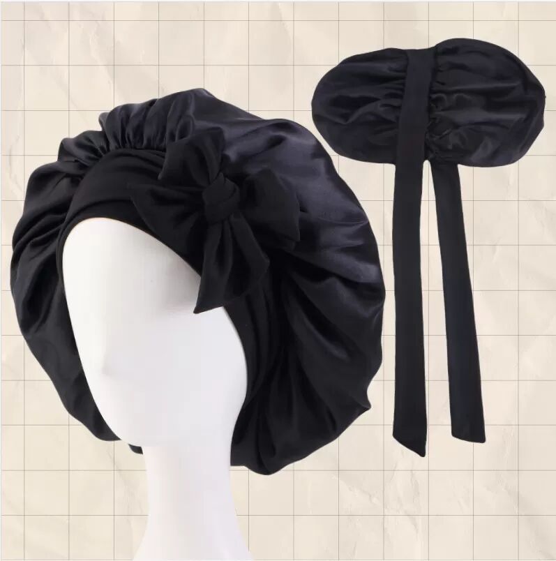 INF Bonnet de sommeil double couche en satin avec rubans