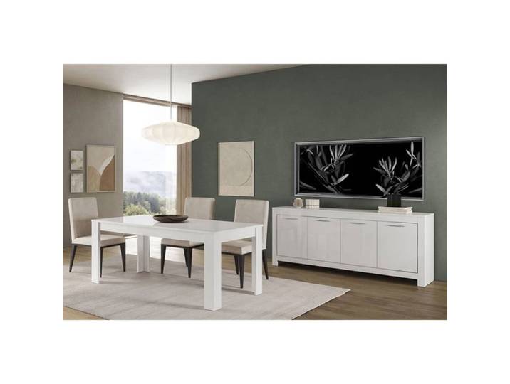 DENAE - Ensemble Séjour Laqué Blanc Brillant Table 190cm + Buffet 4 Portes