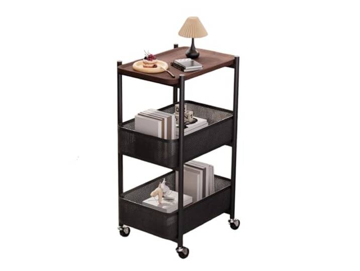 Essen Beweglicher, rollender Aufbewahrungswagen am Bett Beistelltisch for Schlafzimmer und Wohnzimmer(Schwarz,Groß)