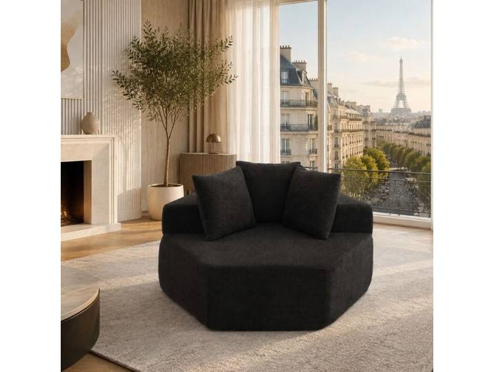 ULEVR Canapé modulable 1 place hexagonal en chenille noire 3 coussins design moderne livraison compressée