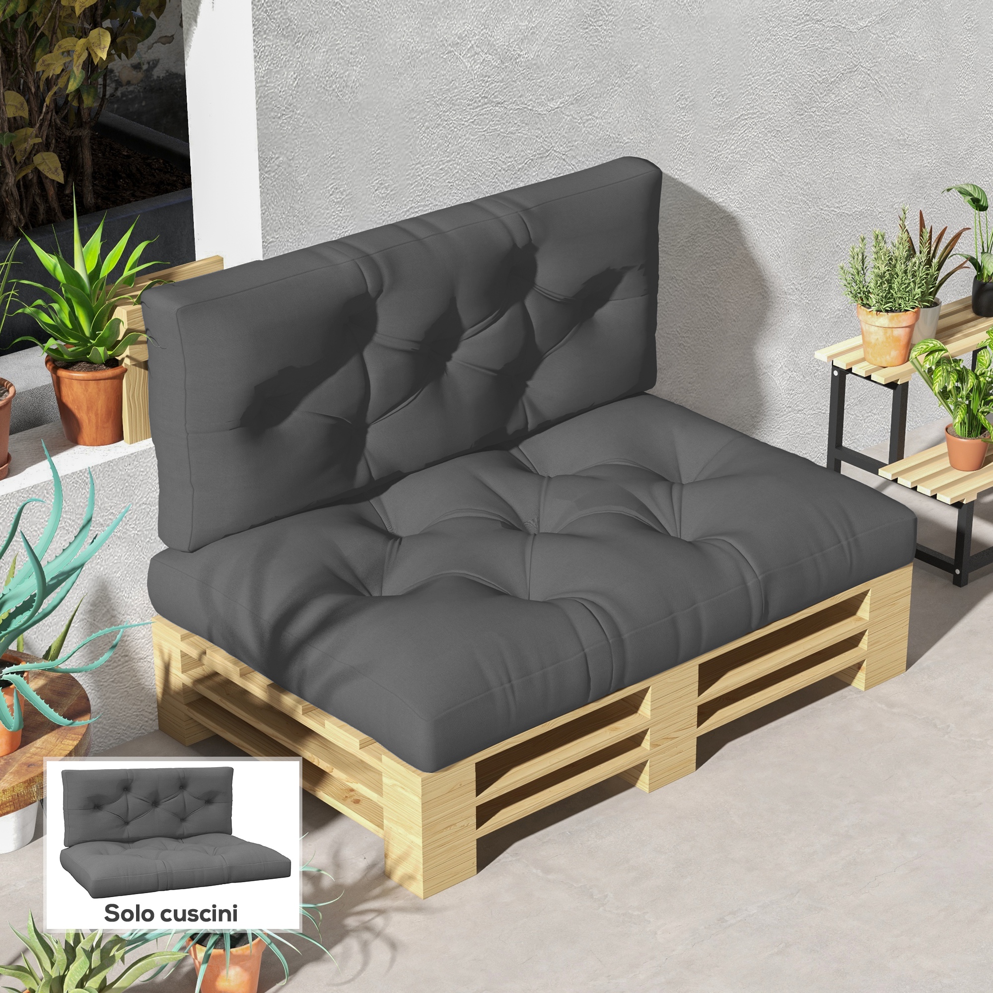 Outsunny Set 2 Cuscini da Giardino per Divani e Pallet in Poliestere con Imbottitura Spessa, Grigio