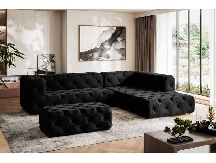 Ecksofa HOME AFFAIRE FOLLINA , schwarz, B:325cm H:71cm T:228cm, 100% Polyester, Sofas, Ecksofa, L-Form, mit klassischer Chesterfield-Knopfheftung