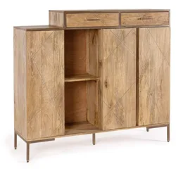 Highboard Jaidev aus Mangoholz, modernes Design, natur, goldene Metallbeine, 145 cm breit