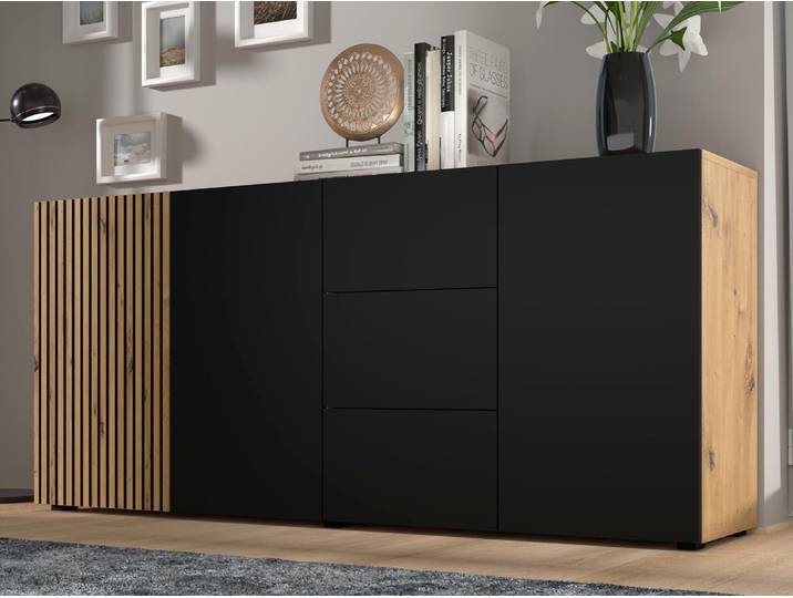 Buffet/bahut ORISA 3 portes 3 tiroirs noir/chêne artisan