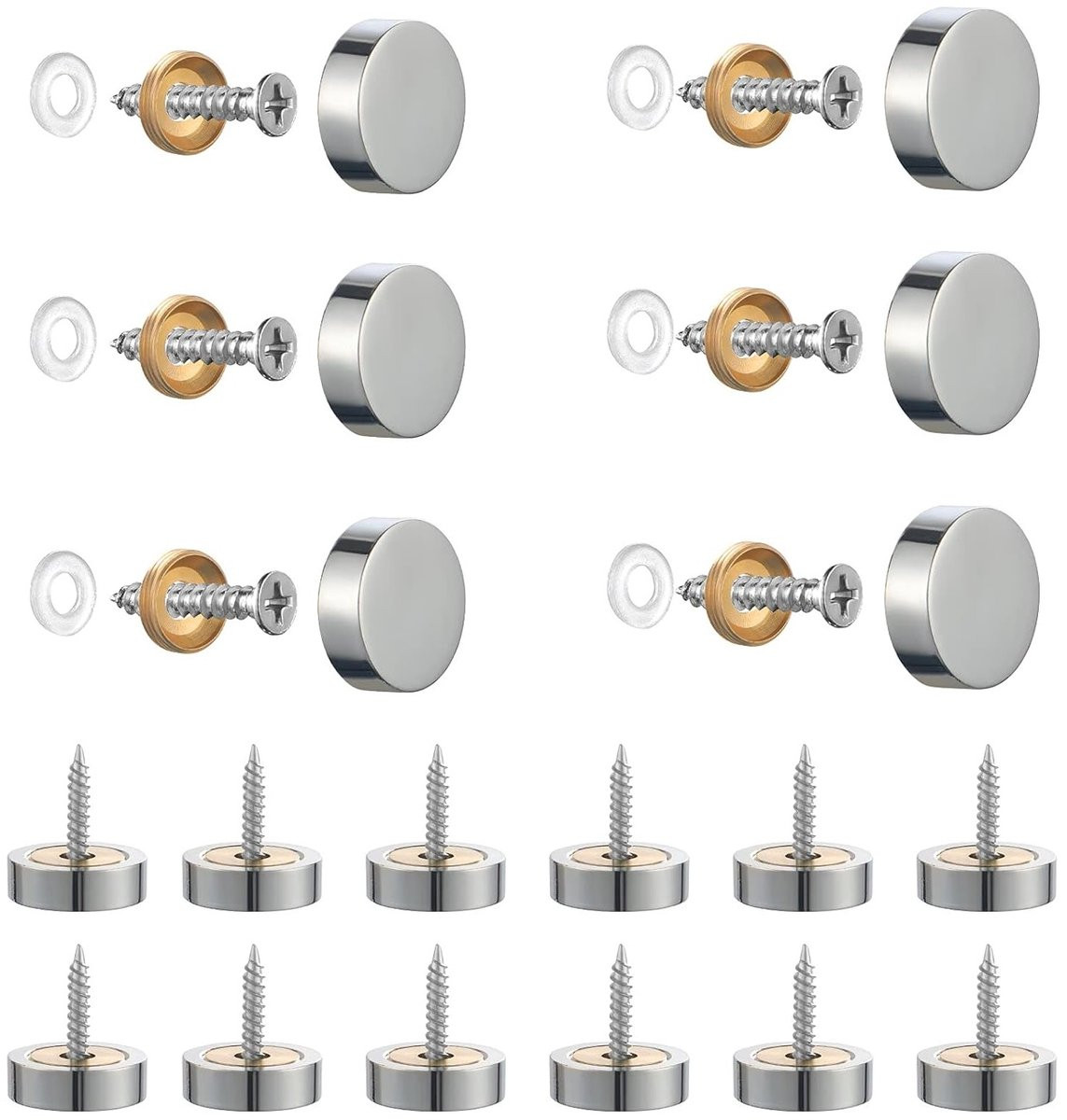 20 sets decoratieve spiegelschroeven met wasringen - Messing en zilver - 12mm