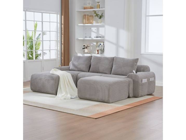 ELVORIN canapé modulaire 3 places 268 x 174 x 80 cm tissu corduroy gris clair 2 poufs porte gobelet