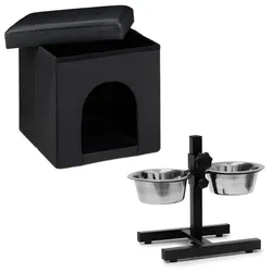 Relaxdays Set Hundehaus Futterstation Schwarz,Silber