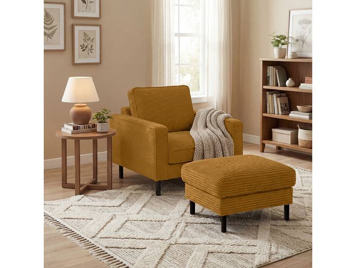 Polsterhocker 70 x 48 x 60cm Gelb Cordstoff Lola: Ocker