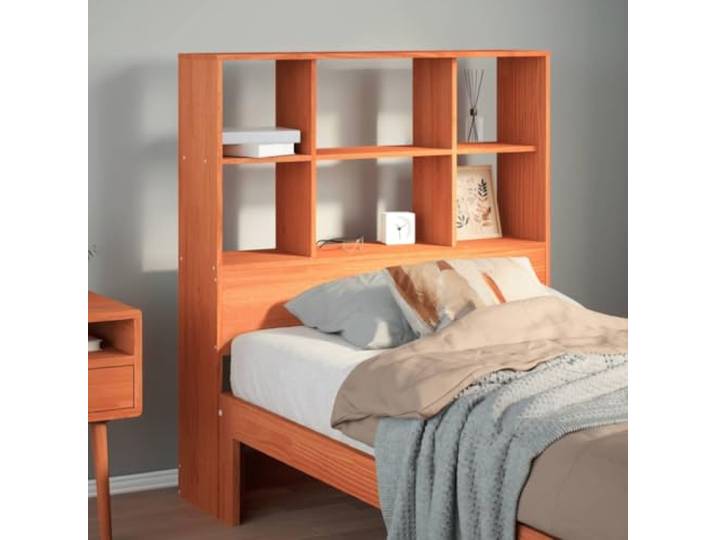 KTHLBRH Kopfteil mit Ablagen, braun, gewachst, 100 cm, aus massivem Kiefernholz, 6 Fächer, große Kapazität, selbsttragendes Design, platzsparend, zur Optimierung des Zimmers