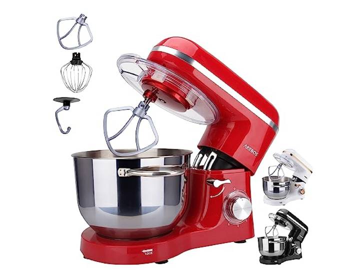 Arebos Küchenmaschine 1500 W 6 L Edelstahl-Rührschüssel Rot Knethaken inkl. Rührhaken Schneebesen Spritzschutz 6 Geschwindigkeiten Knetmaschine Teigmaschine Rot