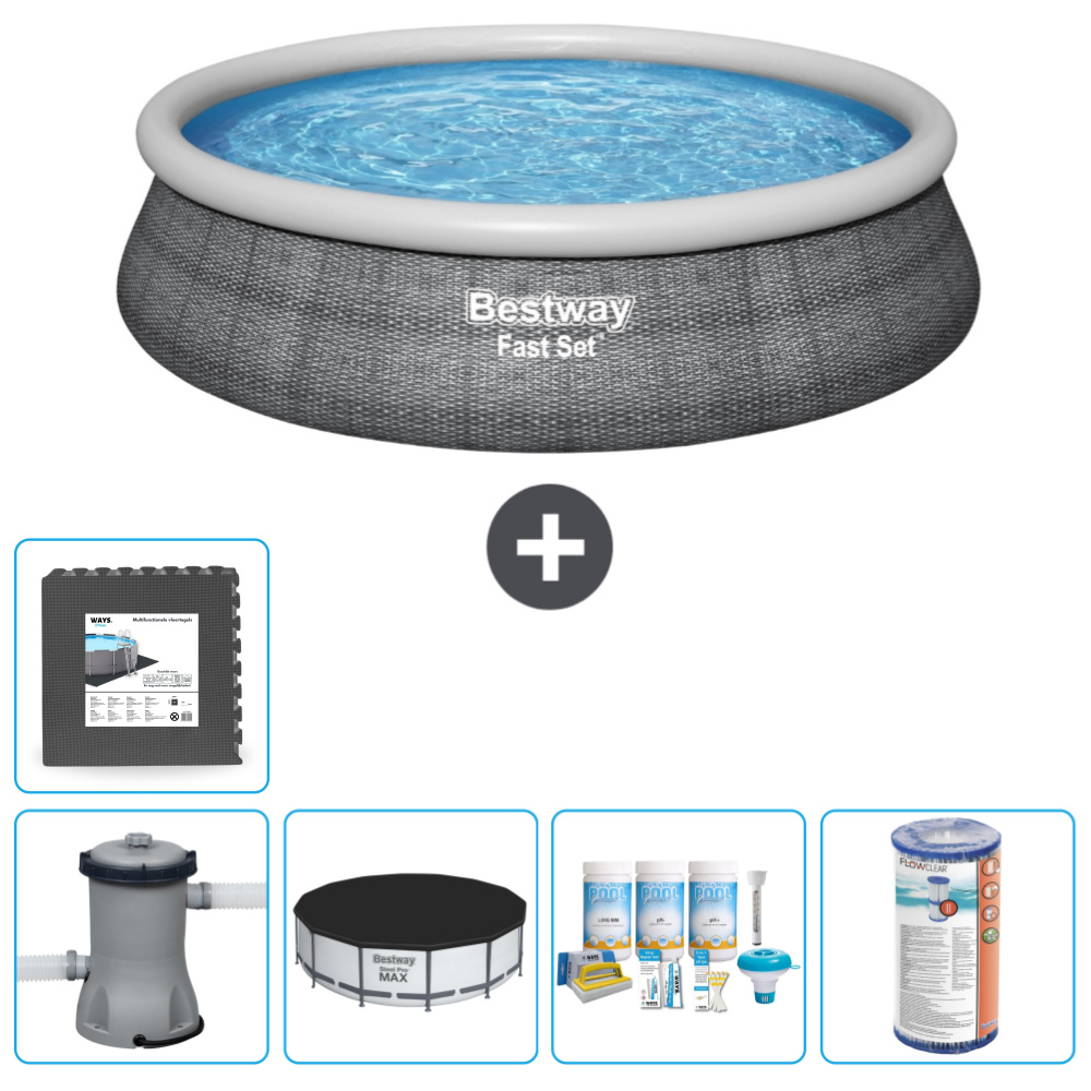 Bestway runder aufblasbarer Fast-Set-Pool - Rattan-Druck - 457 x 84 cm - inklusive Pumpe Abdeckung - Wartungspaket - Filter - Bodenfliesen