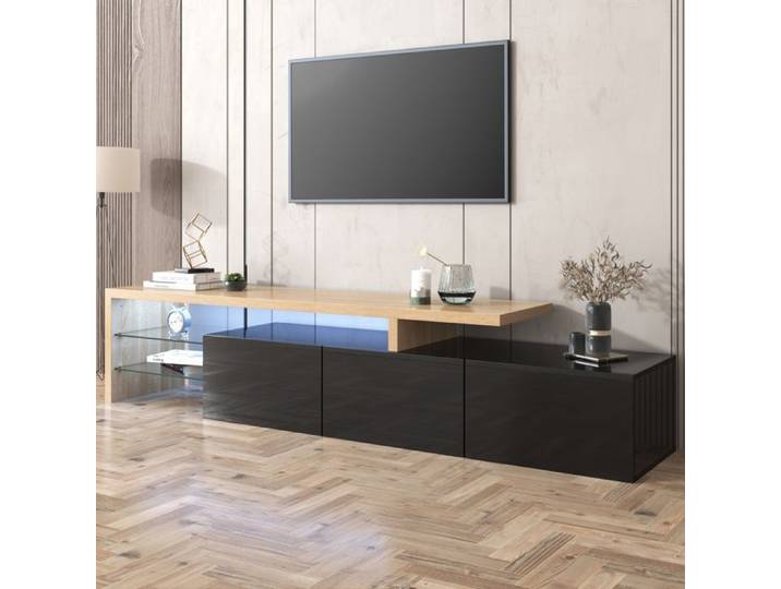 Meuble TV avec LED Banc TV en Verre pour Salon Moderne avec Rangement Pratique Noir et Bois 200cm