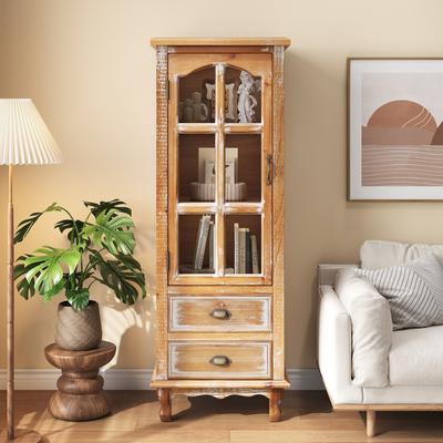 Accent Storage Cabinet Solid Wood with Decorative Cutout Door, Two Storage Drawers and Open Shelving by GDFStudio