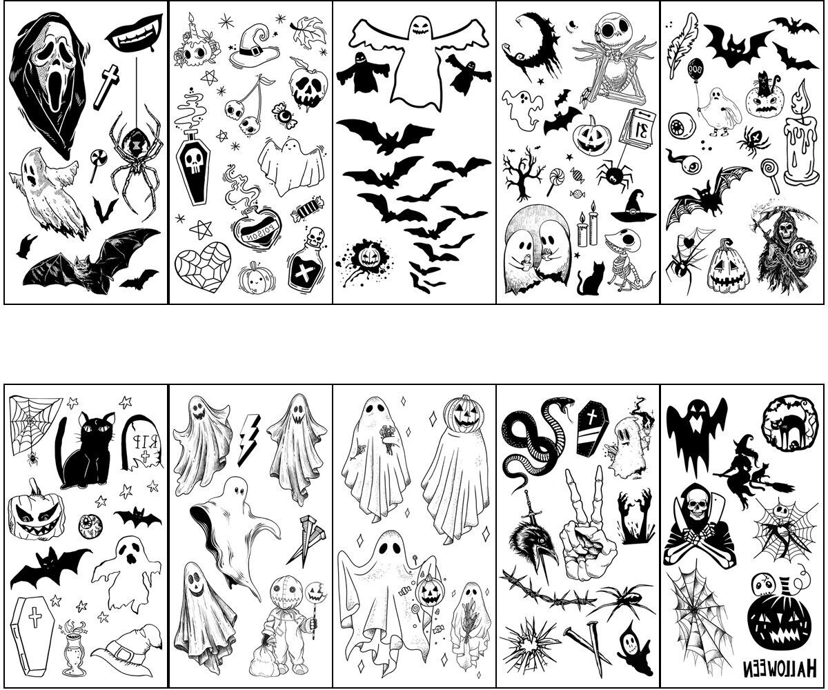 INF Halloween-Wassertransfersticker, wasser- und schweißbeständige temporäre Tattoo-Motive, gemischte Farben, 10er-Pack