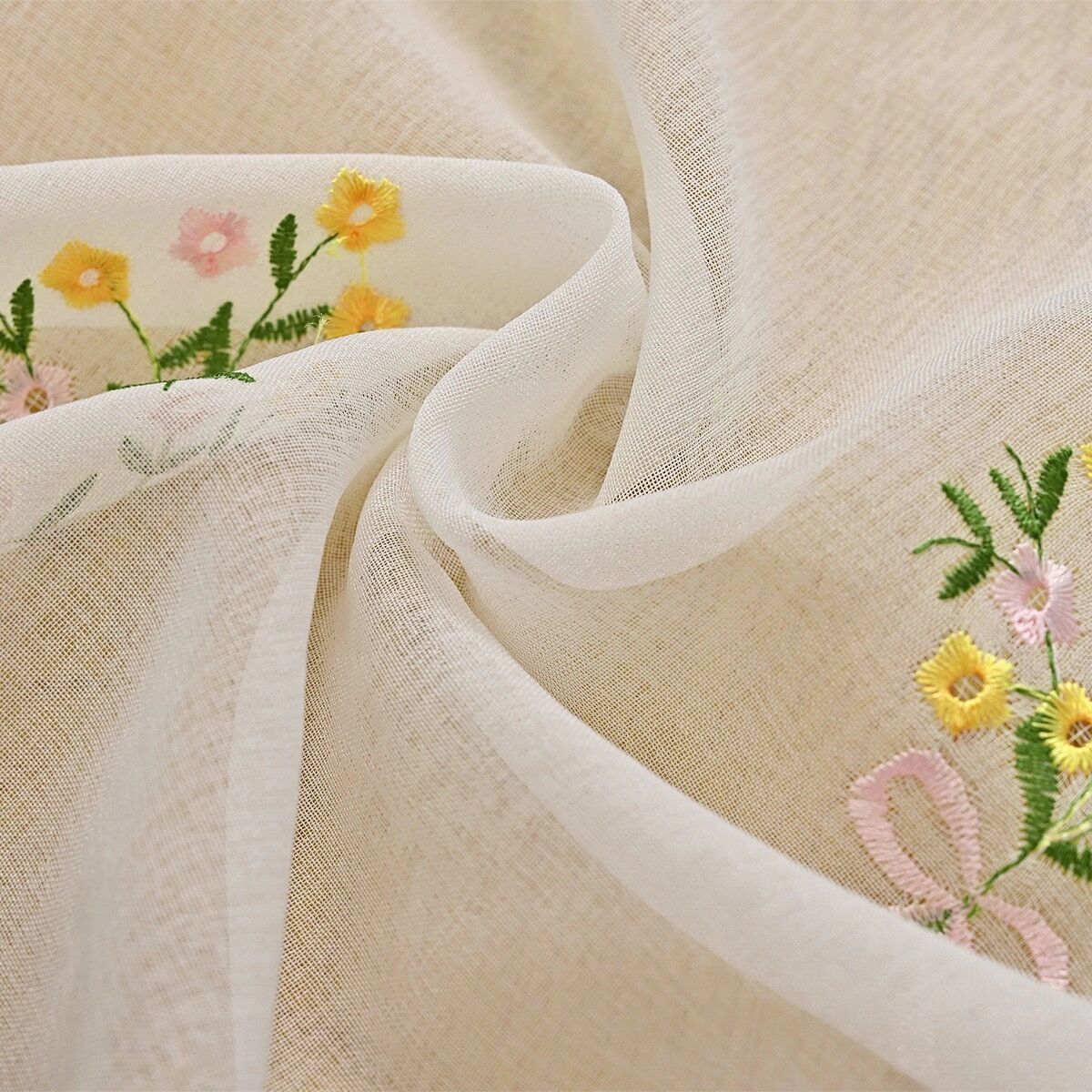 INF Stangentasche einteilig Glockenblumen bestickter Voile-Vorhang, Polyester, lichtdurchlässig, Weiß, 100x250cm