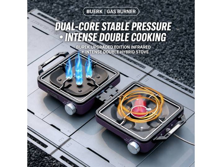 Réchaud à gaz de camping à double brûleur BUERK, 8800W de puissance élevée + cuisinière infrarouge 6000W, brûleur à gaz portable pliable, barbecue d'extérieur
