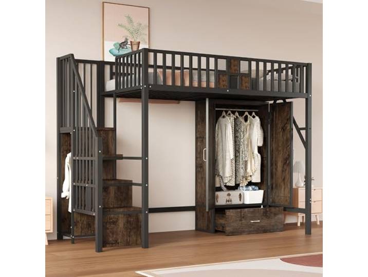 Merax Hochbett aus Metall, 90 x 200 cm, mit Drahtgitter, integriertem Schrank, Schubladen und Aufbewahrungsleiter, platzsparendes Kinderbett, modern und robust, Schwarz (ohne Matratze)