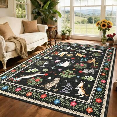 Garvee Pastoral Cat Pattern Washable Area Rug