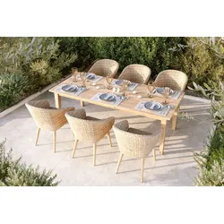 OUTFLEXX Borneo Garten-Essgruppe, beige-meliert, Polyrattan/Akazie, Tisch 220 x 100 cm, 6 Cocktail-Sessel, FSC®-zertifiziertes Produkt