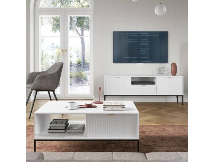 Lomadox Wohnmöbel Set Wohnwand weiß, Fußgestell schwarz, 2-teilig, 1 Couchtisch, 1 Lowboard