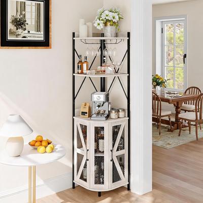 Garvee 72-Inch Industrial Corner Wine Cabinet with Built-in Power Outlet and LED Strip - 18.1x18.1x71.5 inches