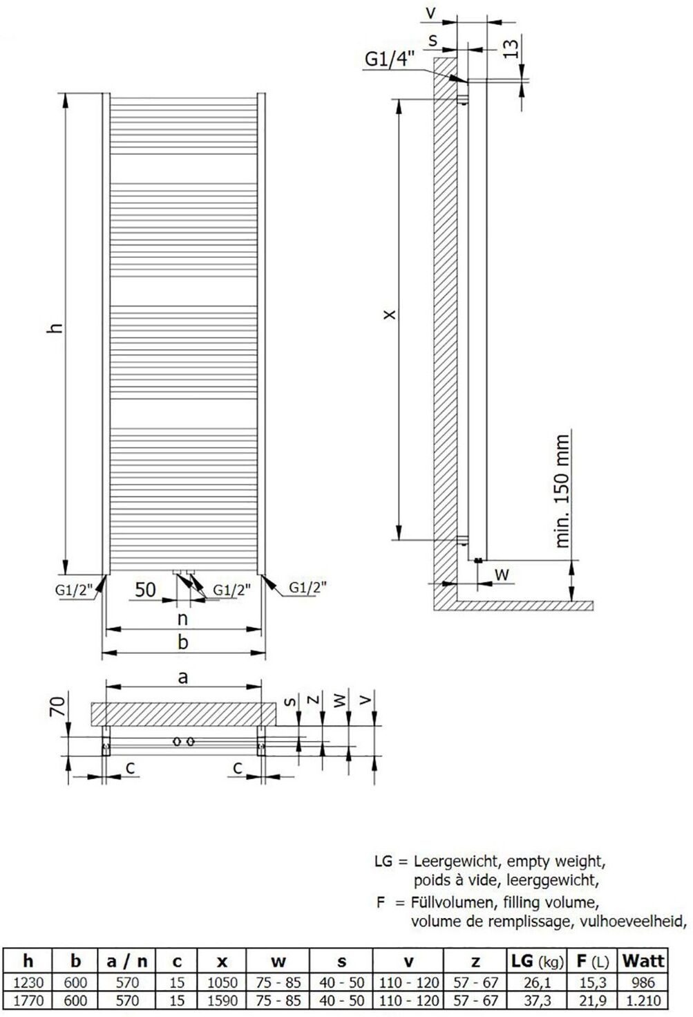 HSK Line Two Badheizkörper 60 x 123 cm