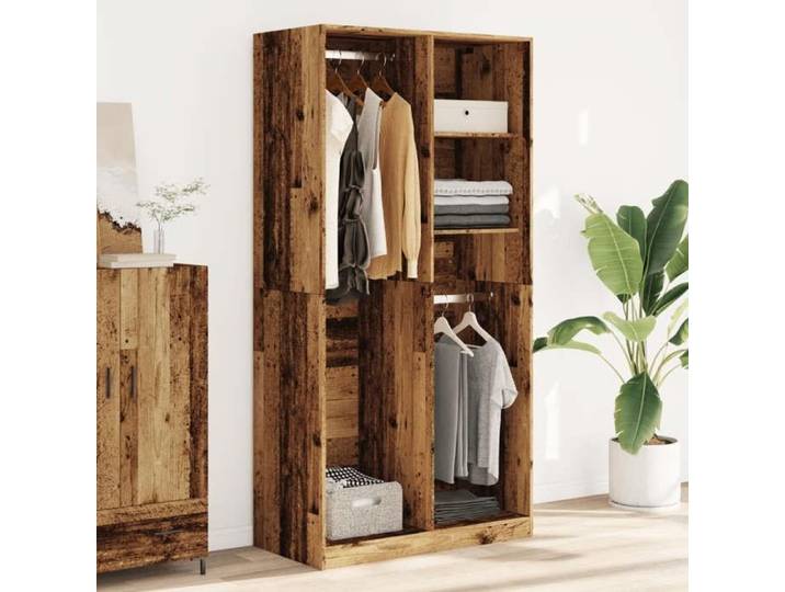Garde-robe - - Armoire penderie - Bois ingénierie - 4 compartiments - Vieux bois - 100x50x200 cm 214ssv82r