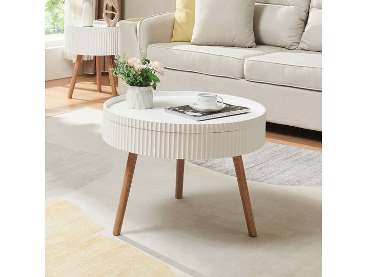 Table basse 'Bongard' avec plateau amovible Ø60 x 45 cm Table de salon à l'aspect rainuré rond Blanc