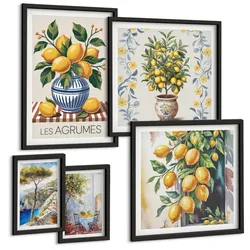 BILDER SET 5er Set - 50x50 cm & 20x30 cm & 40x60 cm Schwarzer Rahmen - Zitronenbäume am Meer