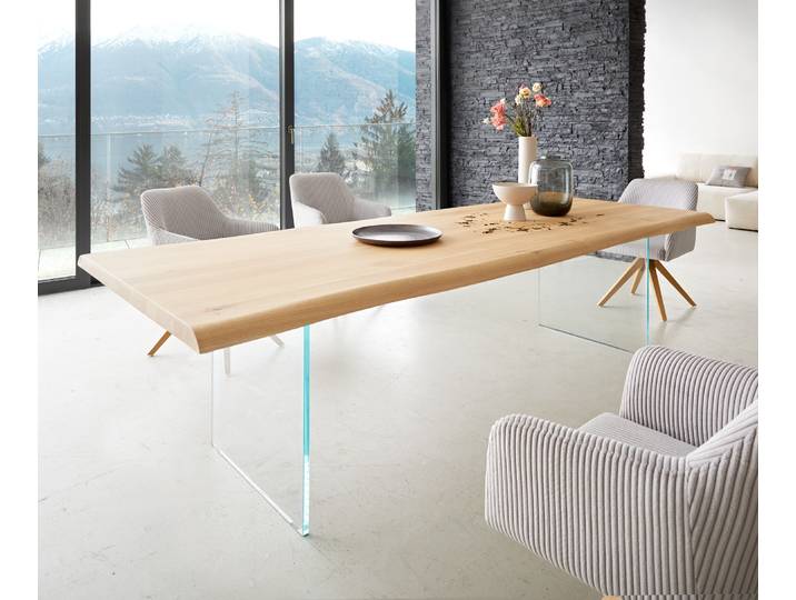 DELIFE Esstisch Edge 260x100 Eiche Natur Glas Live-Edge, Esstische, Baumkantenmöbel, Massivholzmöbel, Massivholz